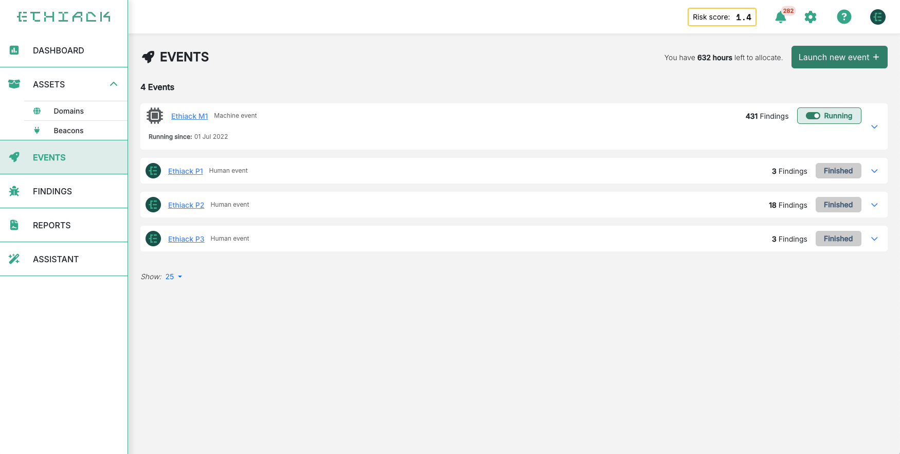 Screenshot of the events page on the Ethiack Portal