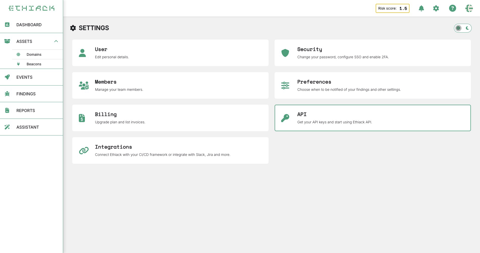 Screenshot of the settings page on the Ethiack Portal